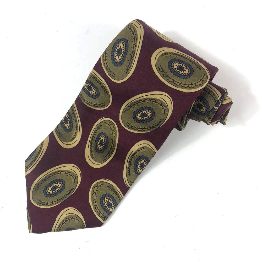 PRESWICK & MOORE Silk HAND MADE Tie Burgundy Green Gold Medallion Oval Pattern